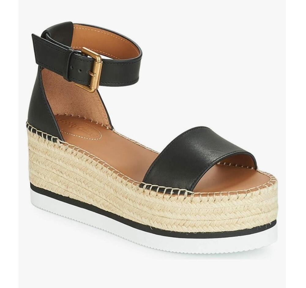 See by Chloé Glyn Platform Espadrille Sandals Black Leather Womens SZ 36 EU 6 US